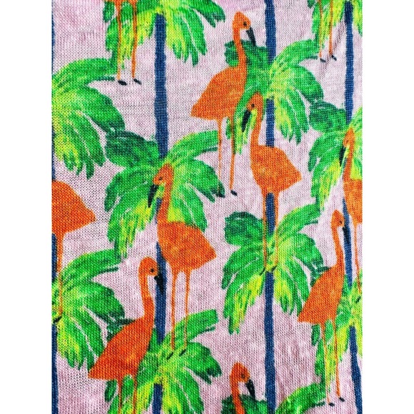 BOUFFANTS + BROKEN HEARTS Womens L Pink Flamingo & Palm Tree Linen Boxy Crop Tee - Picture 8 of 10